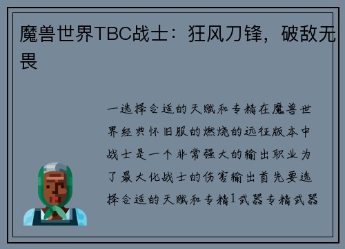 魔兽世界TBC战士：狂风刀锋，破敌无畏
